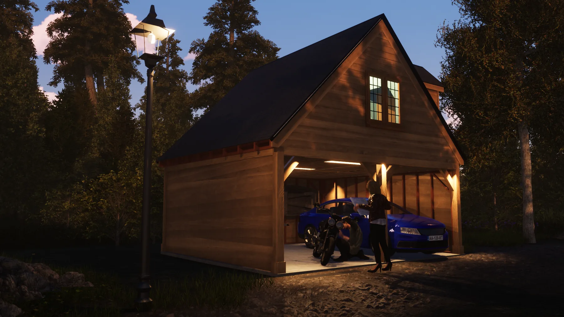 Timber garage exterior visualisation at dusk